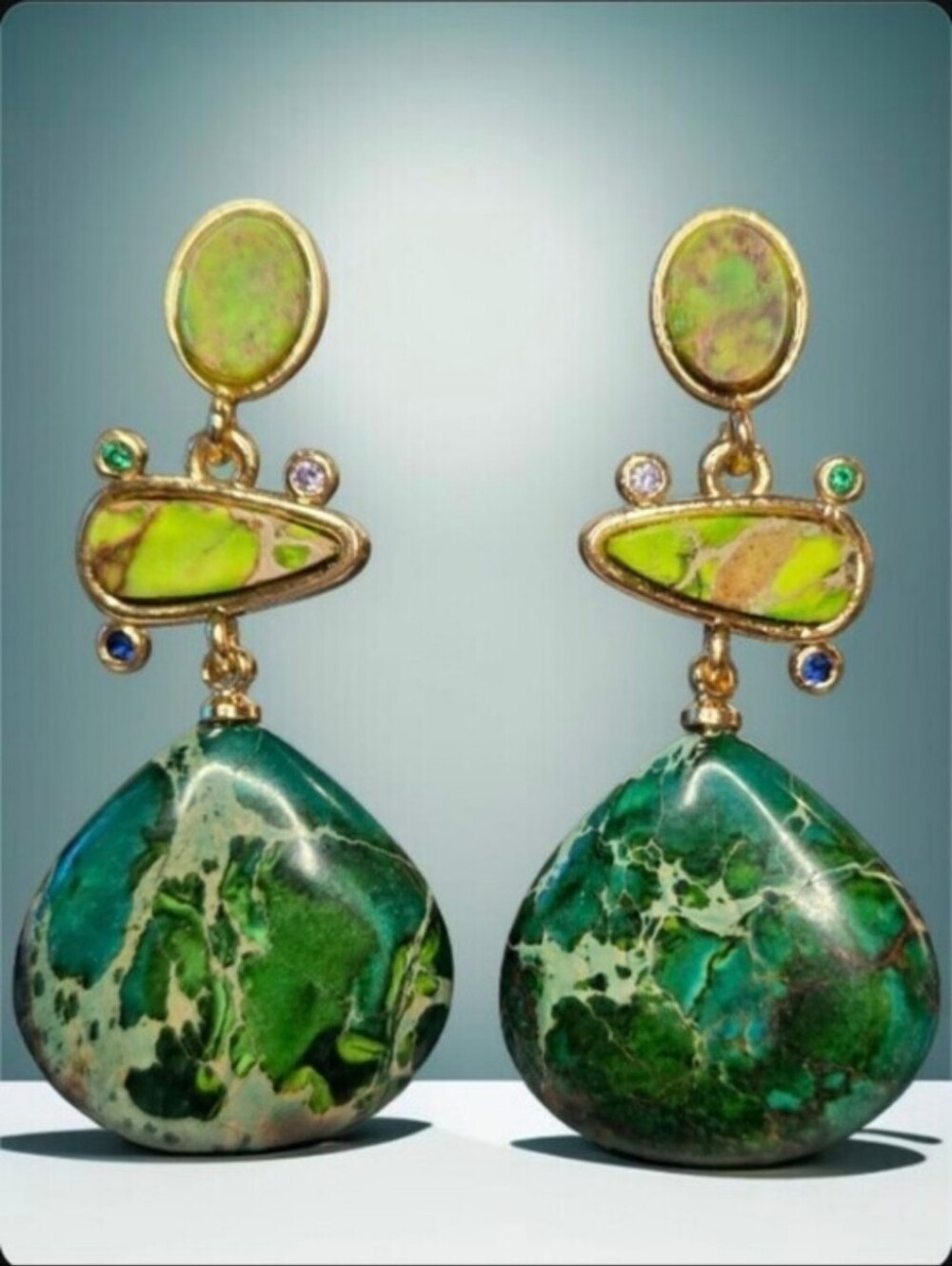 18k Gold Plated Emerald Jasper Green Turquoise Zircon Crystal Dangle Earrings
